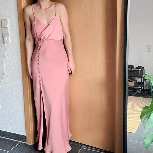 Zara Peach Pink Satin Button Side Slit Midi Maxi Dress Spaghetti Strap - Medium - Picture 13 of 16
